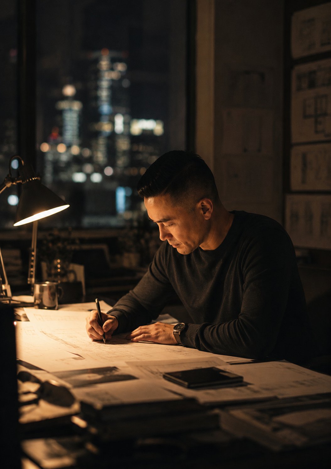 Michael Le, founder of THE MILE GROUP, working alone late at night over plans in a Sydney commercial building.